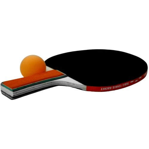 Close up of a table tennis paddle and ball ready for serve