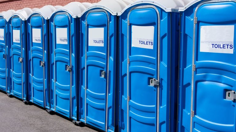 Eco friendly mobile toilet cabin installed at construction site