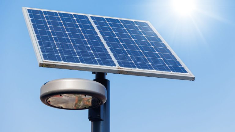 High efficiency LED solar street light illuminating a rural area