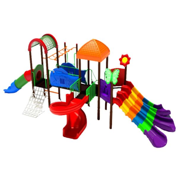 Kids enjoying outdoor fun on colorful multi play station