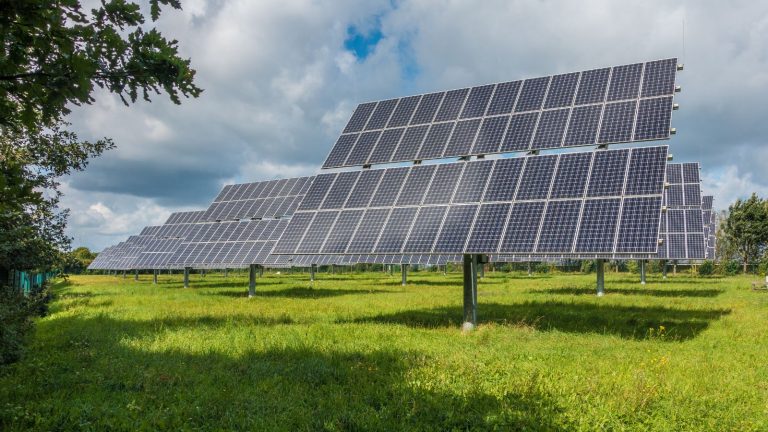 Triveni solar high mast pole with dual solar panels and LEDs