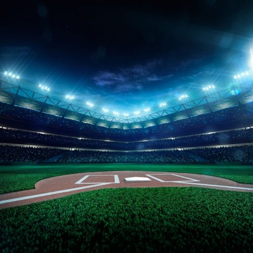 Wide angle view of indoor stadium lights at full brightness